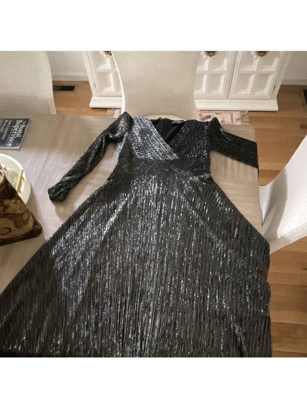 Metallic Black Long-Sleeve V-Neck Evening Dress
